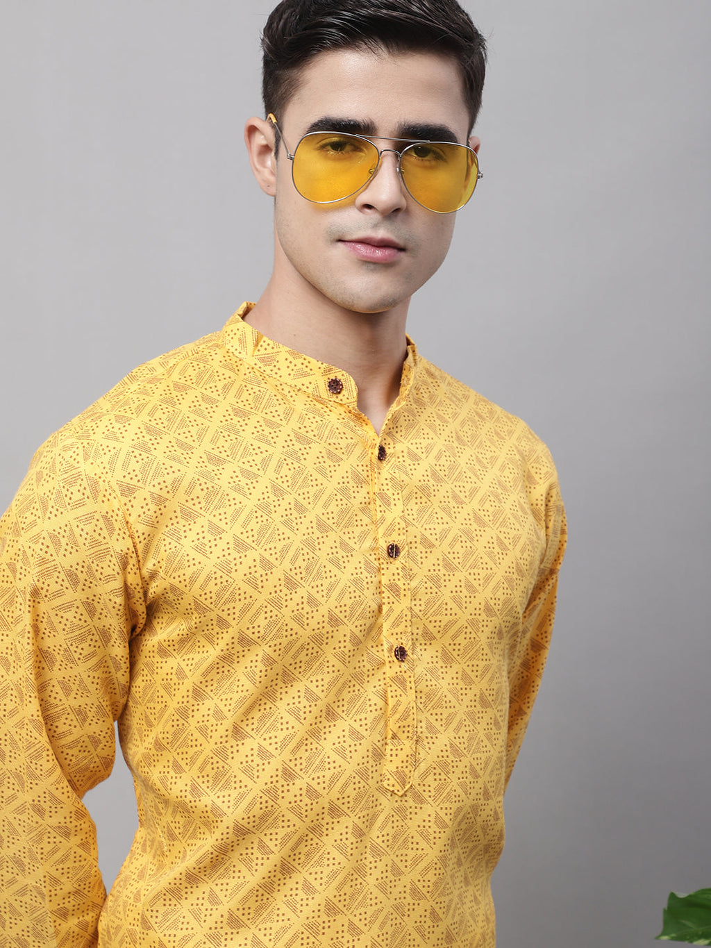 Jompers Men's Yellow Printed Pure Cotton Kurta