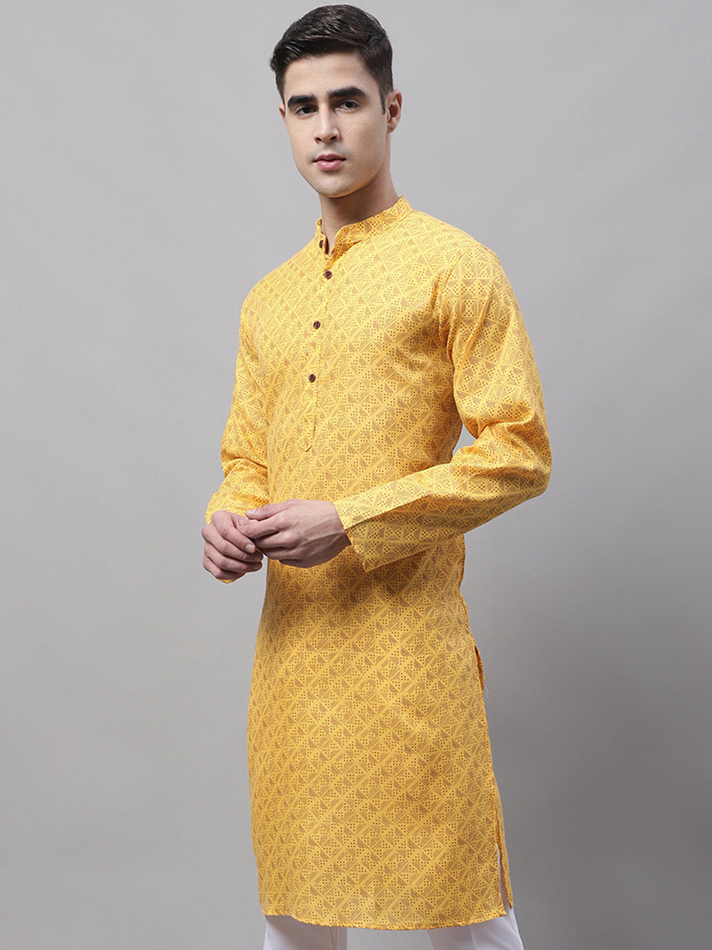 Jompers Men's Yellow Printed Pure Cotton Kurta