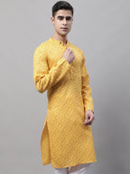 Jompers Men's Yellow Printed Pure Cotton Kurta