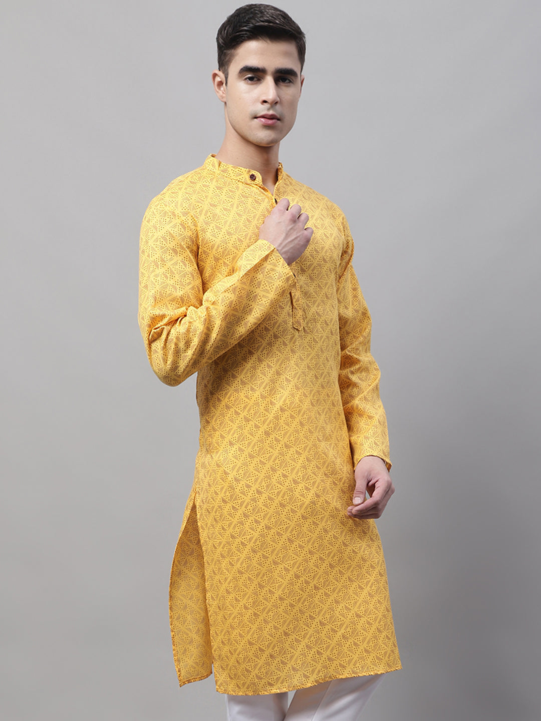 Jompers Men's Yellow Printed Pure Cotton Kurta