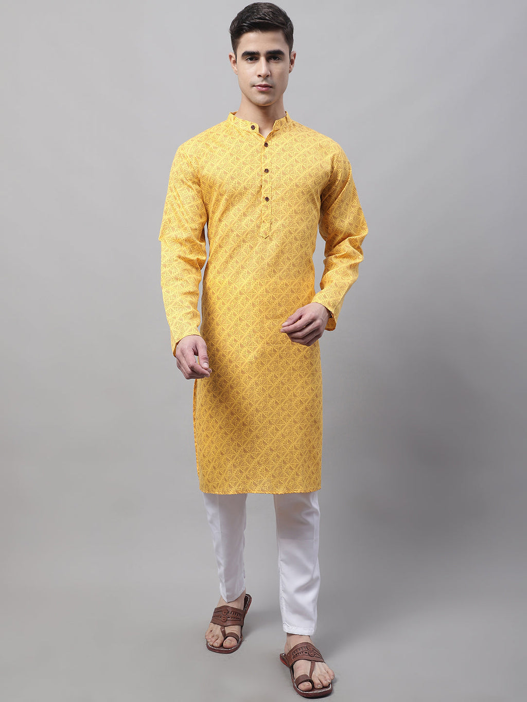 Jompers Men's Yellow Printed Pure Cotton Kurta