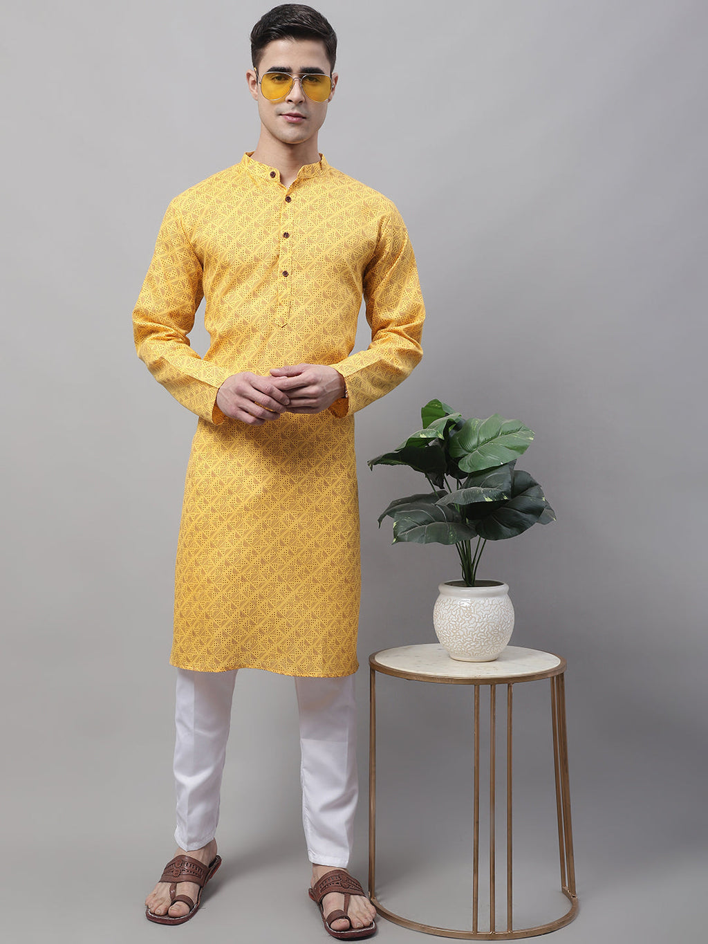 Jompers Men's Yellow Printed Pure Cotton Kurta