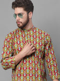 Jompers Men's Olive and Maroon Ikkat Printed Short Kurta