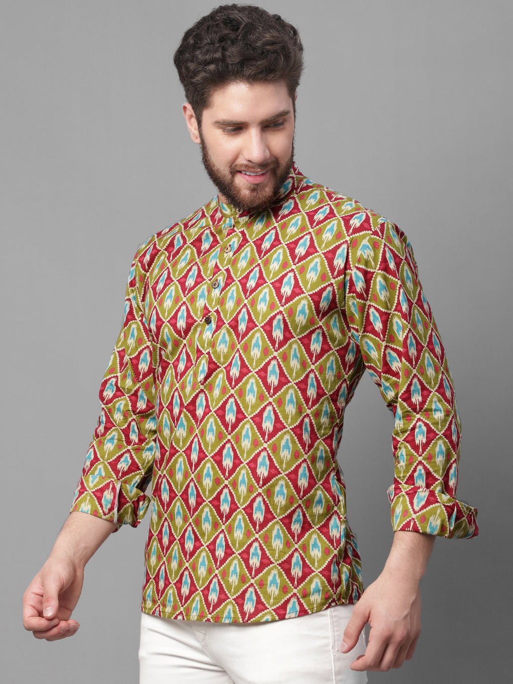 Jompers Men's Olive and Maroon Ikkat Printed Short Kurta
