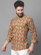 Jompers Men's Olive and Maroon Ikkat Printed Short Kurta