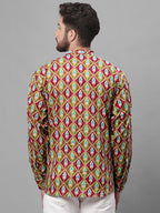 Jompers Men's Olive and Maroon Ikkat Printed Short Kurta