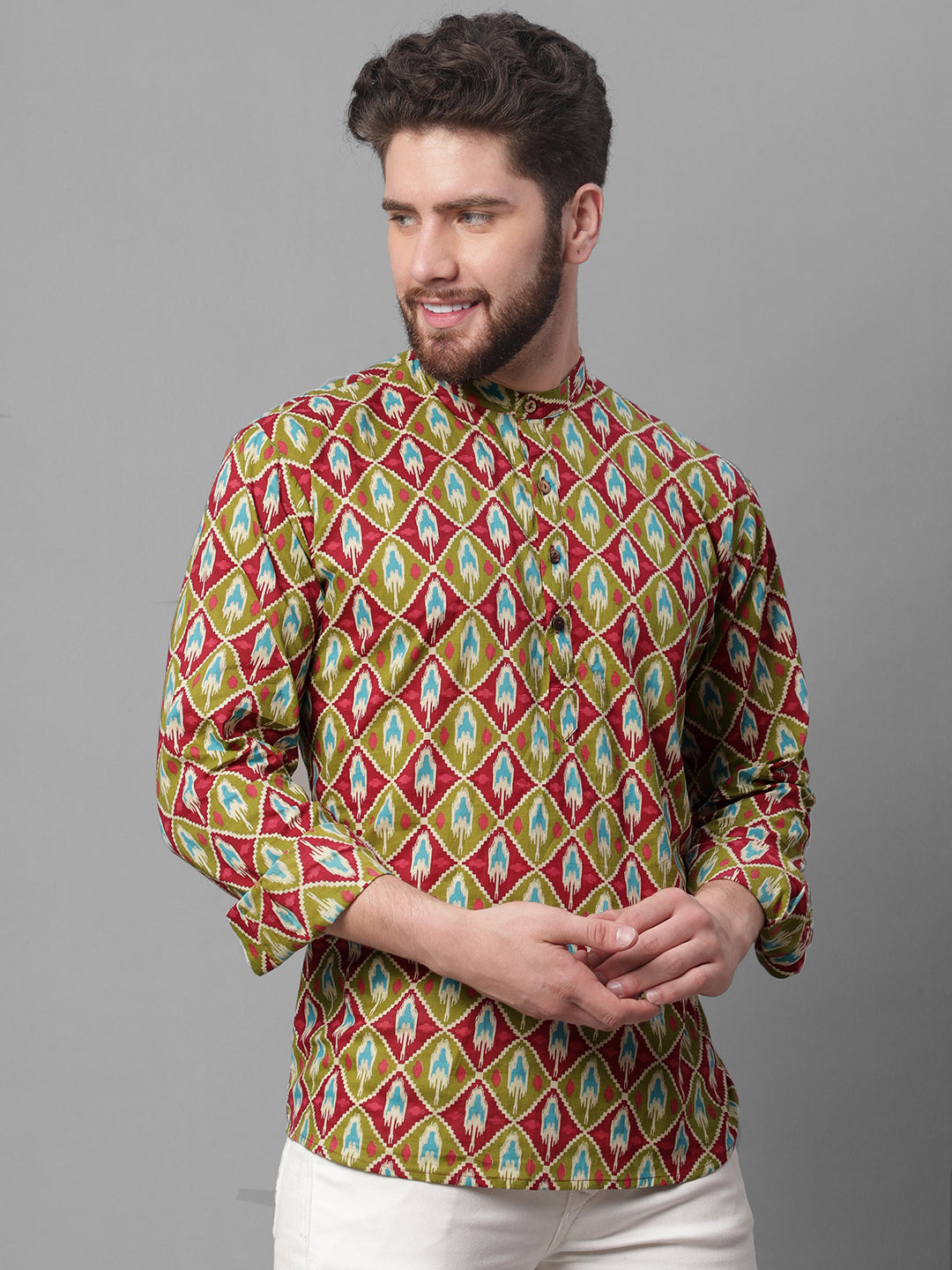 Jompers Men's Olive and Maroon Ikkat Printed Short Kurta