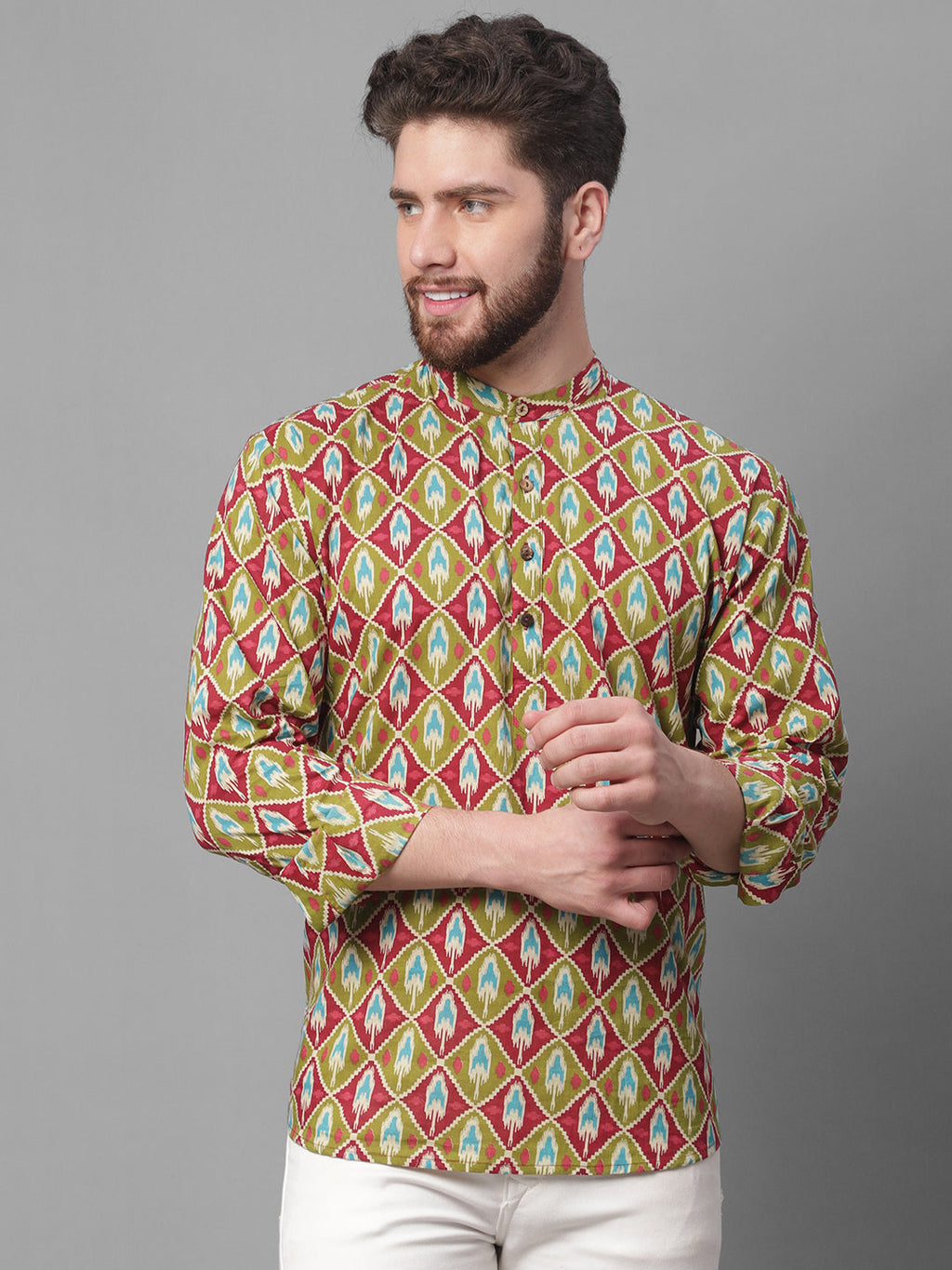 Jompers Men's Olive and Maroon Ikkat Printed Short Kurta