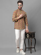 Jompers Men's Olive and Maroon Ikkat Printed Short Kurta