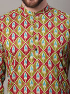Jompers Men's Olive and Maroon Ikkat Printed Short Kurta