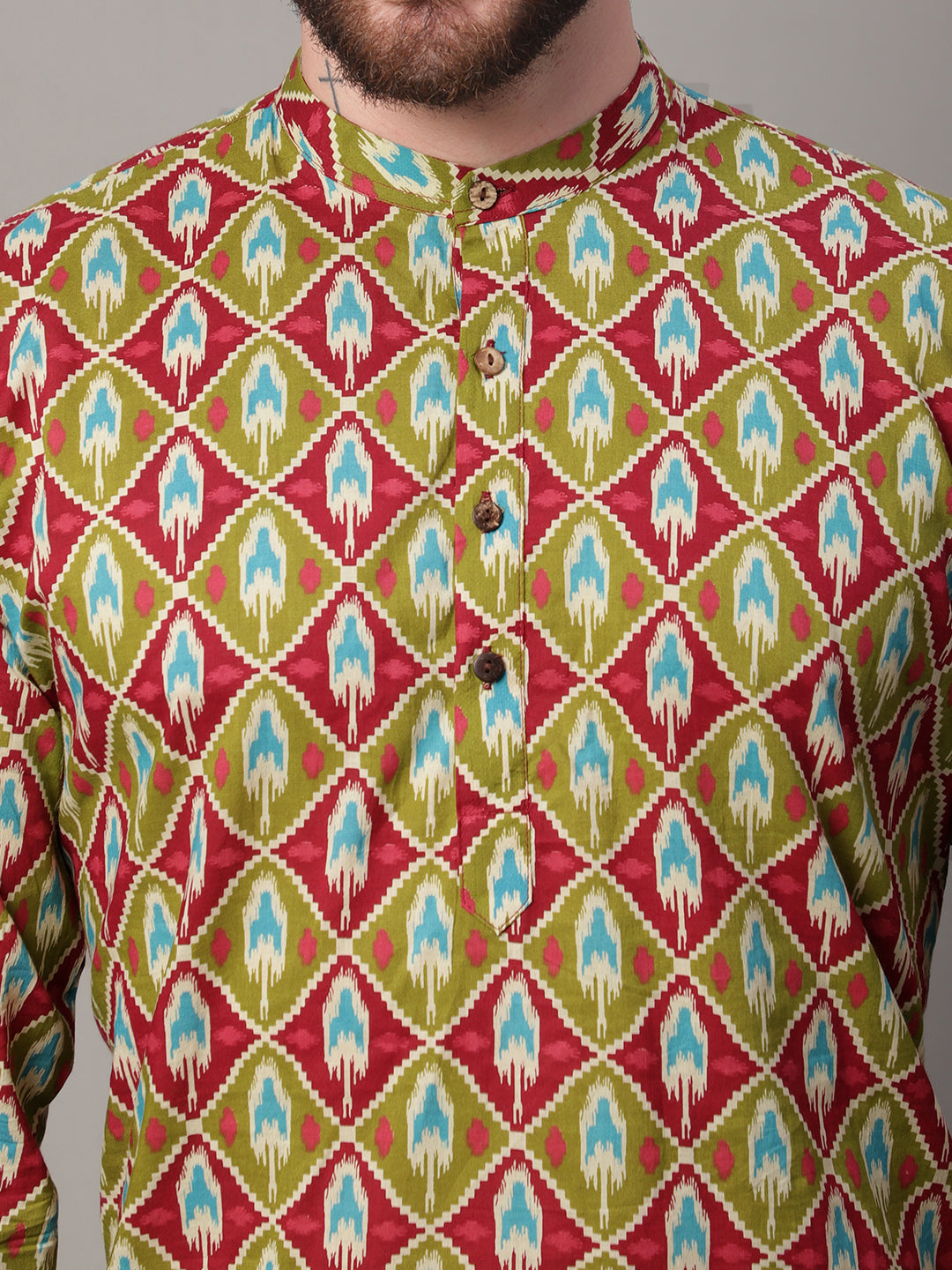 Jompers Men's Olive and Maroon Ikkat Printed Short Kurta