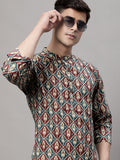 Jompers Men's Blue and Maroon Ikkat Printed Short Kurta