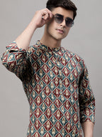 Jompers Men's Blue and Maroon Ikkat Printed Short Kurta