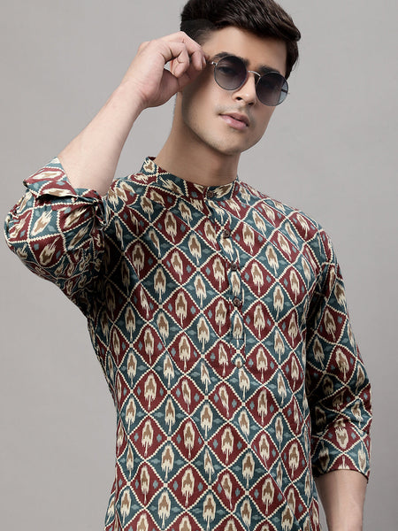 Jompers Men's Blue and Maroon Ikkat Printed Short Kurta