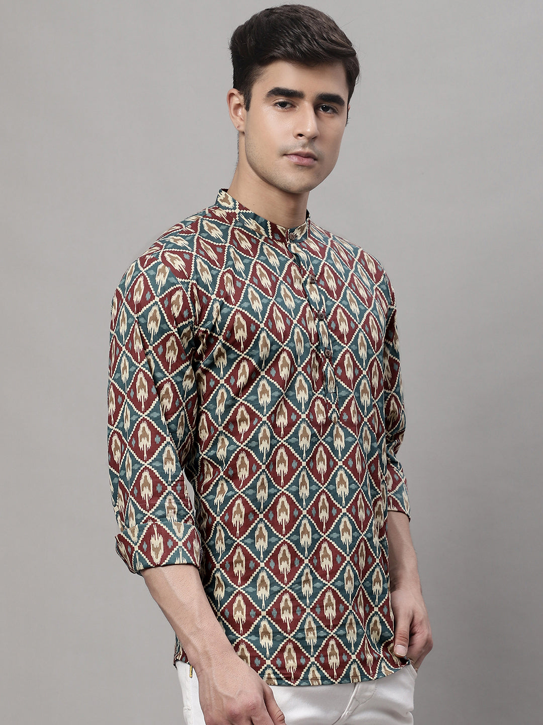 Jompers Men's Blue and Maroon Ikkat Printed Short Kurta
