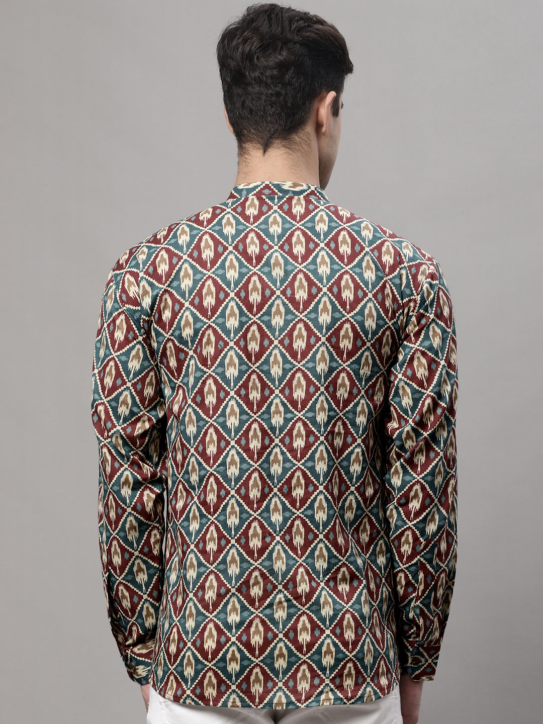 Jompers Men's Blue and Maroon Ikkat Printed Short Kurta