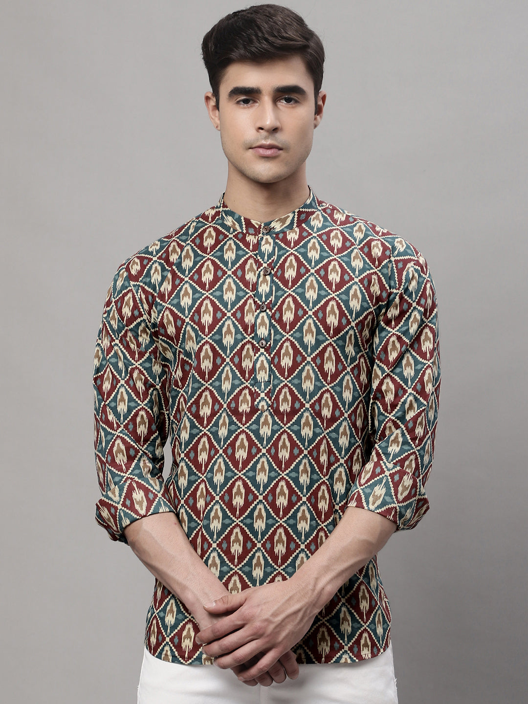 Jompers Men's Blue and Maroon Ikkat Printed Short Kurta