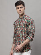 Jompers Men's Blue and Maroon Ikkat Printed Short Kurta