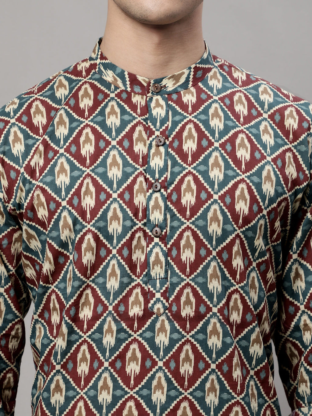 Jompers Men's Blue and Maroon Ikkat Printed Short Kurta