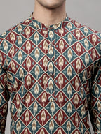 Jompers Men's Blue and Maroon Ikkat Printed Short Kurta