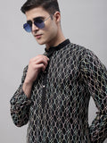 Jompers Men's Black and Multi Coloured Embroidered Straight Kurta