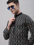 Jompers Men's Black and Multi Coloured Embroidered Straight Kurta