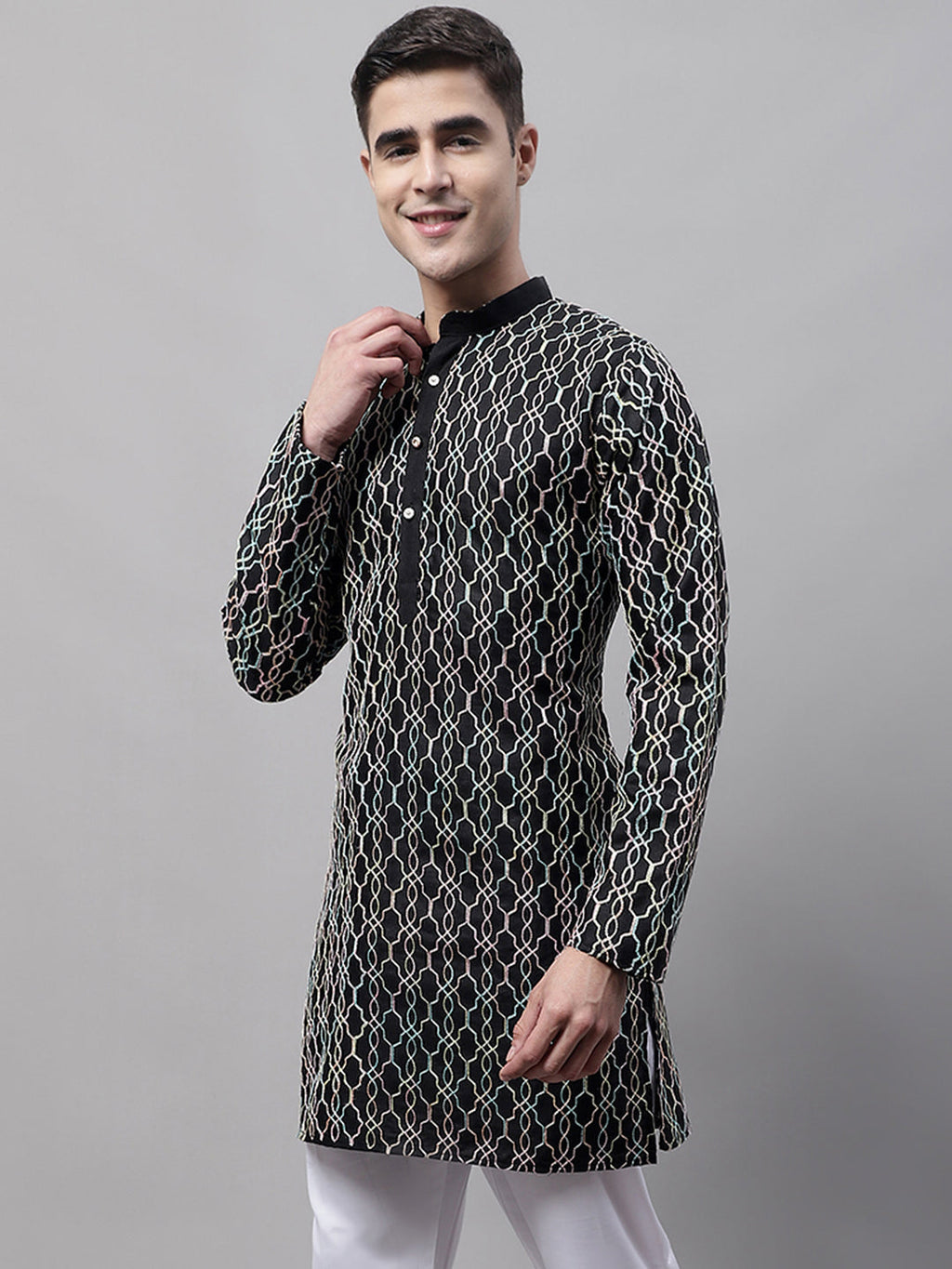 Jompers Men's Black and Multi Coloured Embroidered Straight Kurta