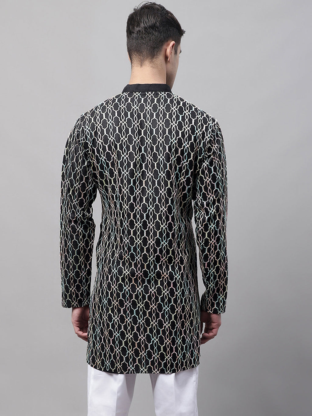 Jompers Men's Black and Multi Coloured Embroidered Straight Kurta