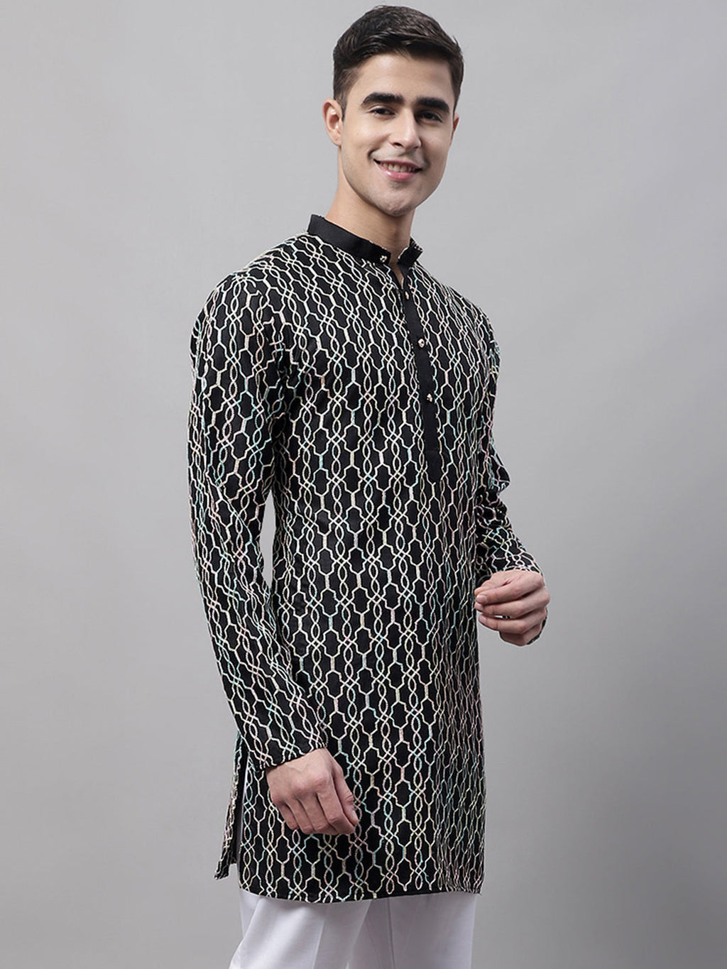 Jompers Men's Black and Multi Coloured Embroidered Straight Kurta