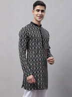 Jompers Men's Black and Multi Coloured Embroidered Straight Kurta