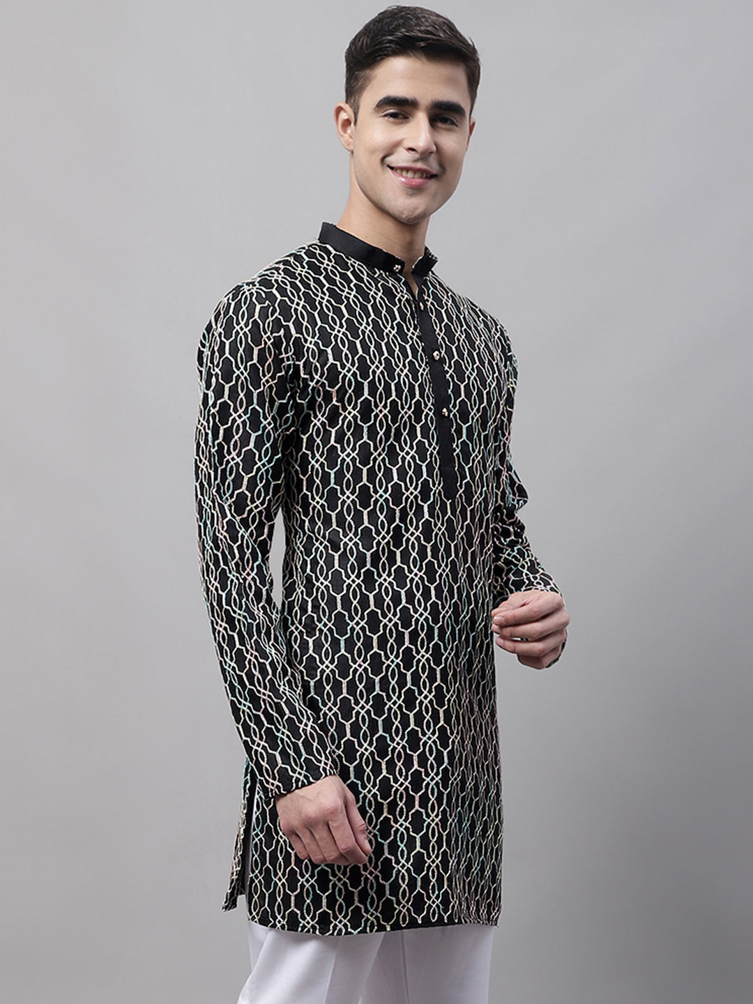 Jompers Men's Black and Multi Coloured Embroidered Straight Kurta