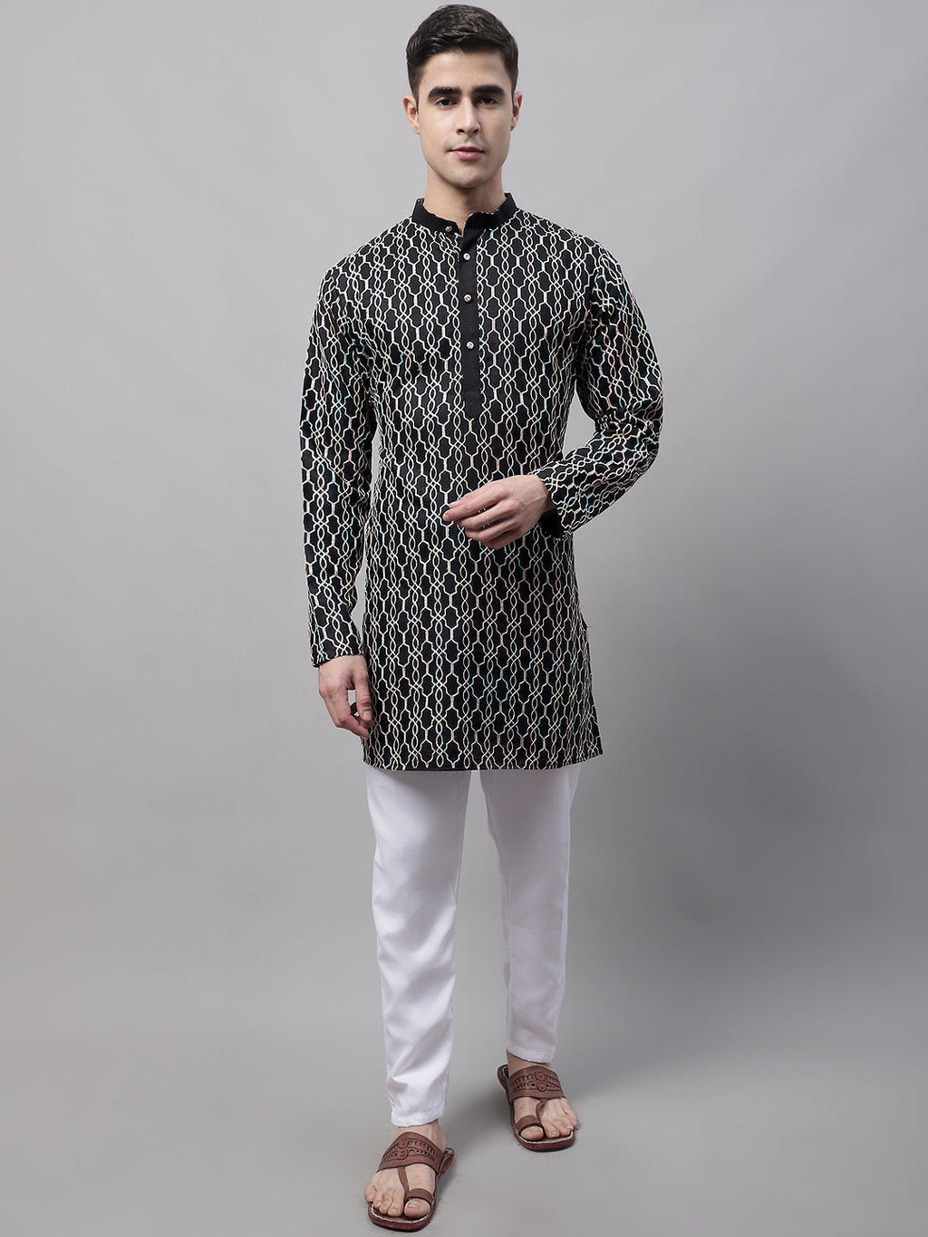 Jompers Men's Black and Multi Coloured Embroidered Straight Kurta