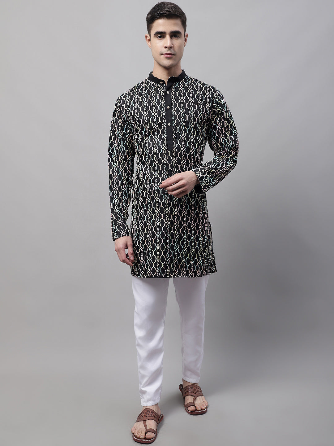 Jompers Men's Black and Multi Coloured Embroidered Straight Kurta