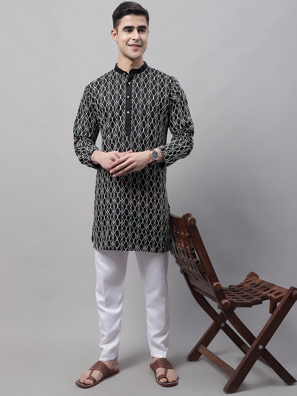 Jompers Men's Black and Multi Coloured Embroidered Straight Kurta