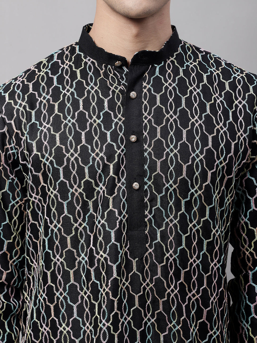 Jompers Men's Black and Multi Coloured Embroidered Straight Kurta