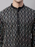 Jompers Men's Black and Multi Coloured Embroidered Straight Kurta