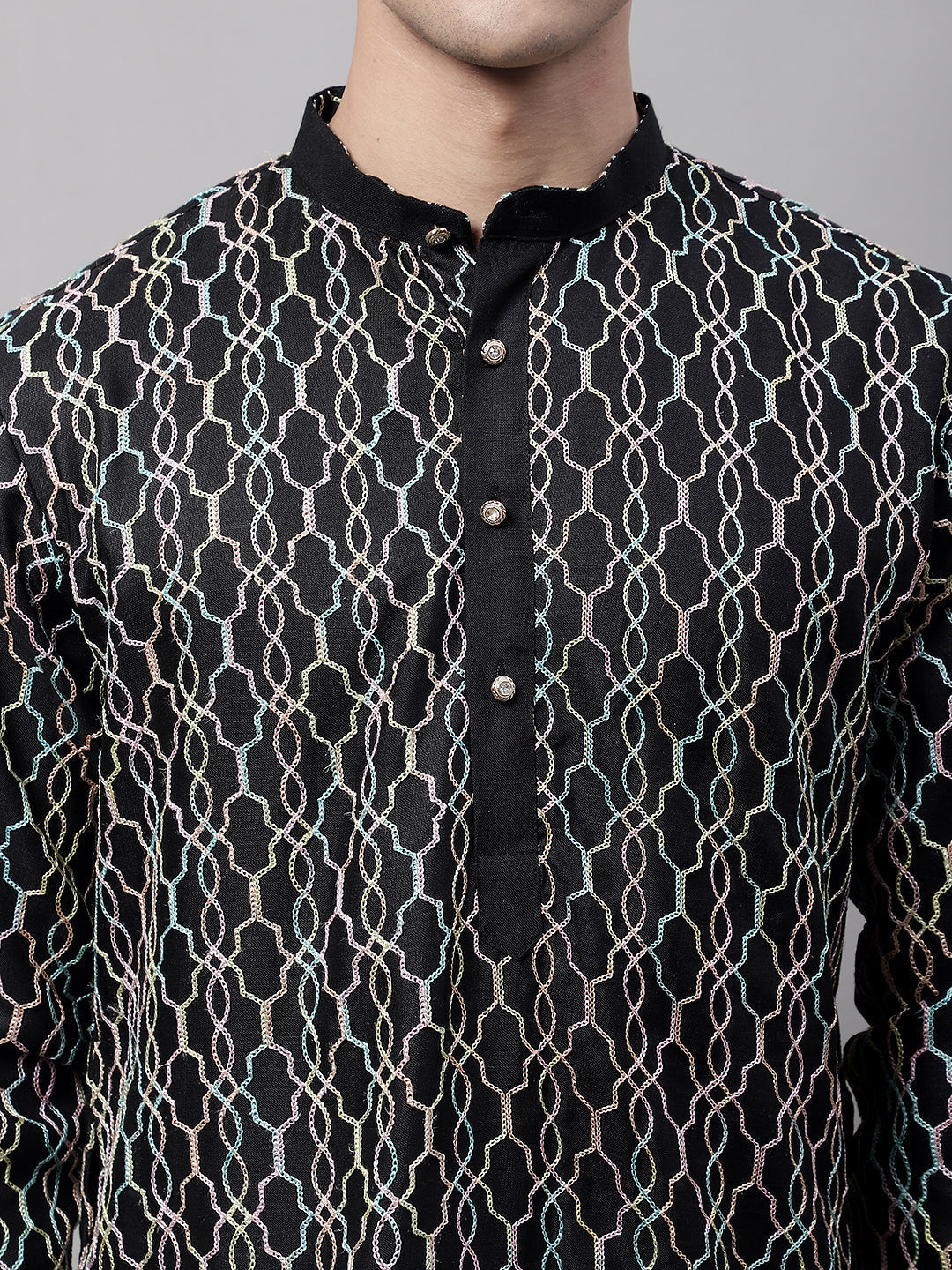 Jompers Men's Black and Multi Coloured Embroidered Straight Kurta