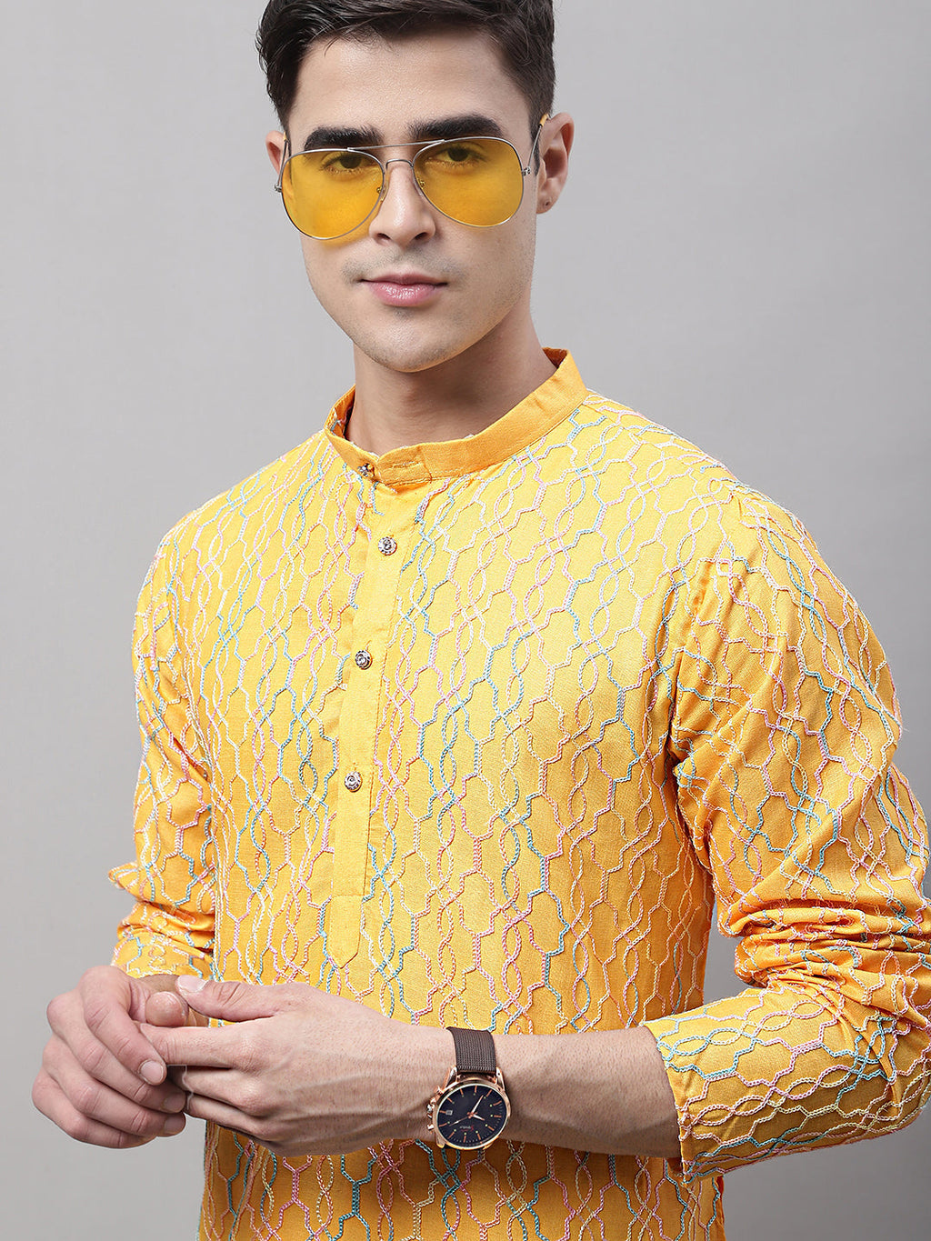 Jompers Men's Mustard and Multi Coloured Embroidered Straight Kurta