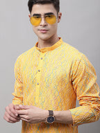 Jompers Men's Mustard and Multi Coloured Embroidered Straight Kurta