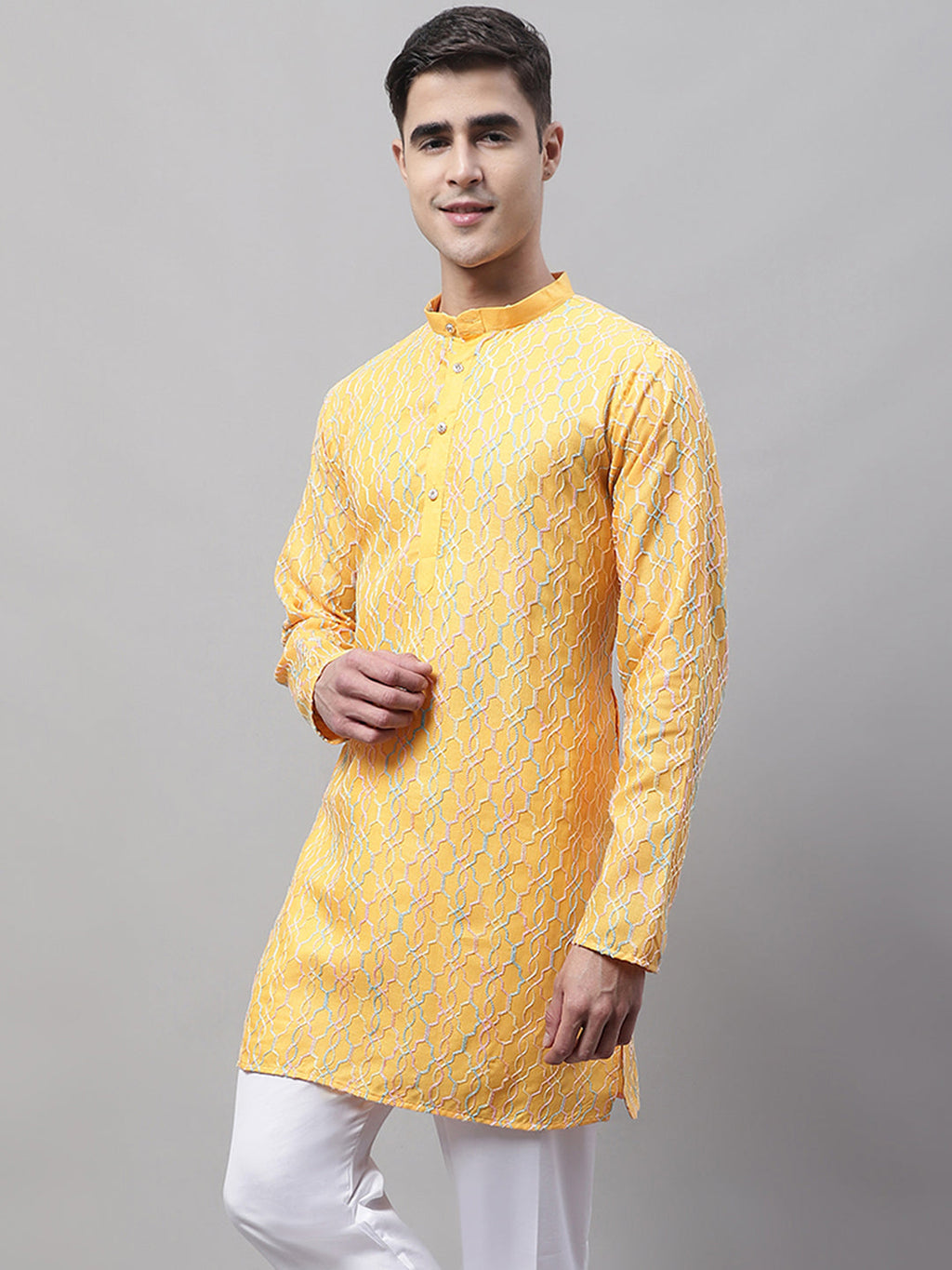 Jompers Men's Mustard and Multi Coloured Embroidered Straight Kurta