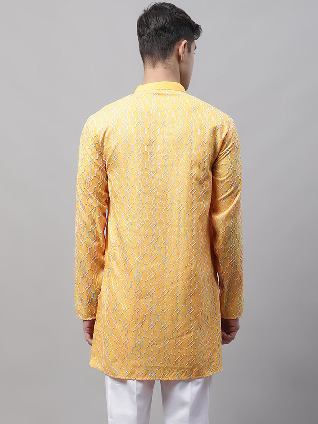 Jompers Men's Mustard and Multi Coloured Embroidered Straight Kurta