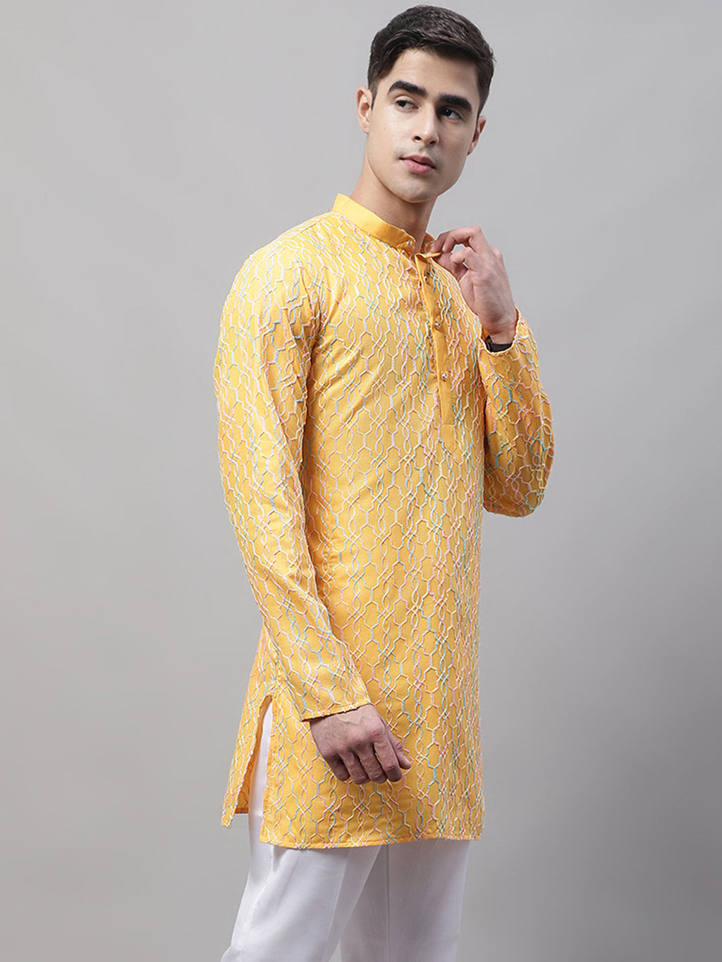 Jompers Men's Mustard and Multi Coloured Embroidered Straight Kurta