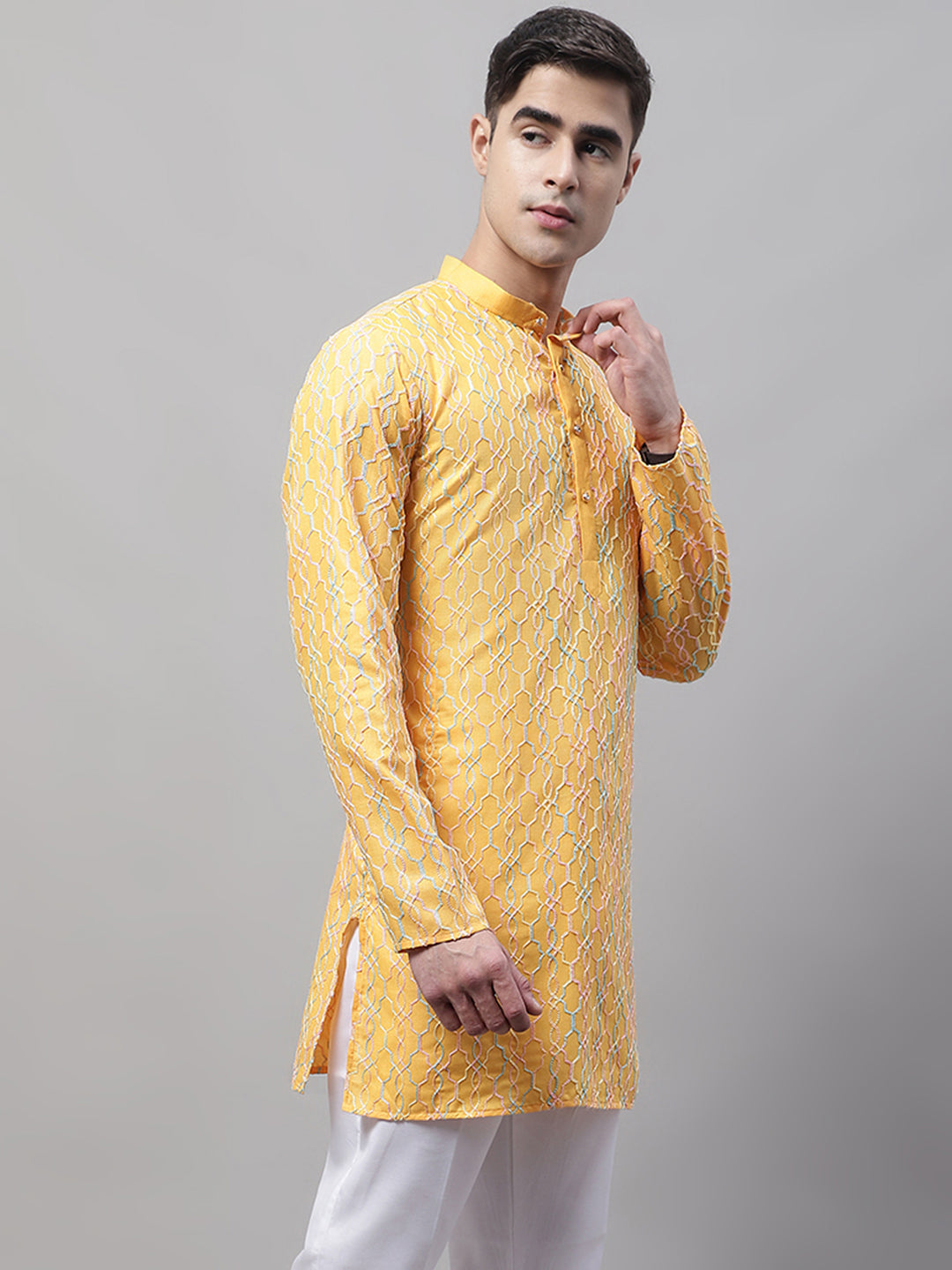 Jompers Men's Mustard and Multi Coloured Embroidered Straight Kurta
