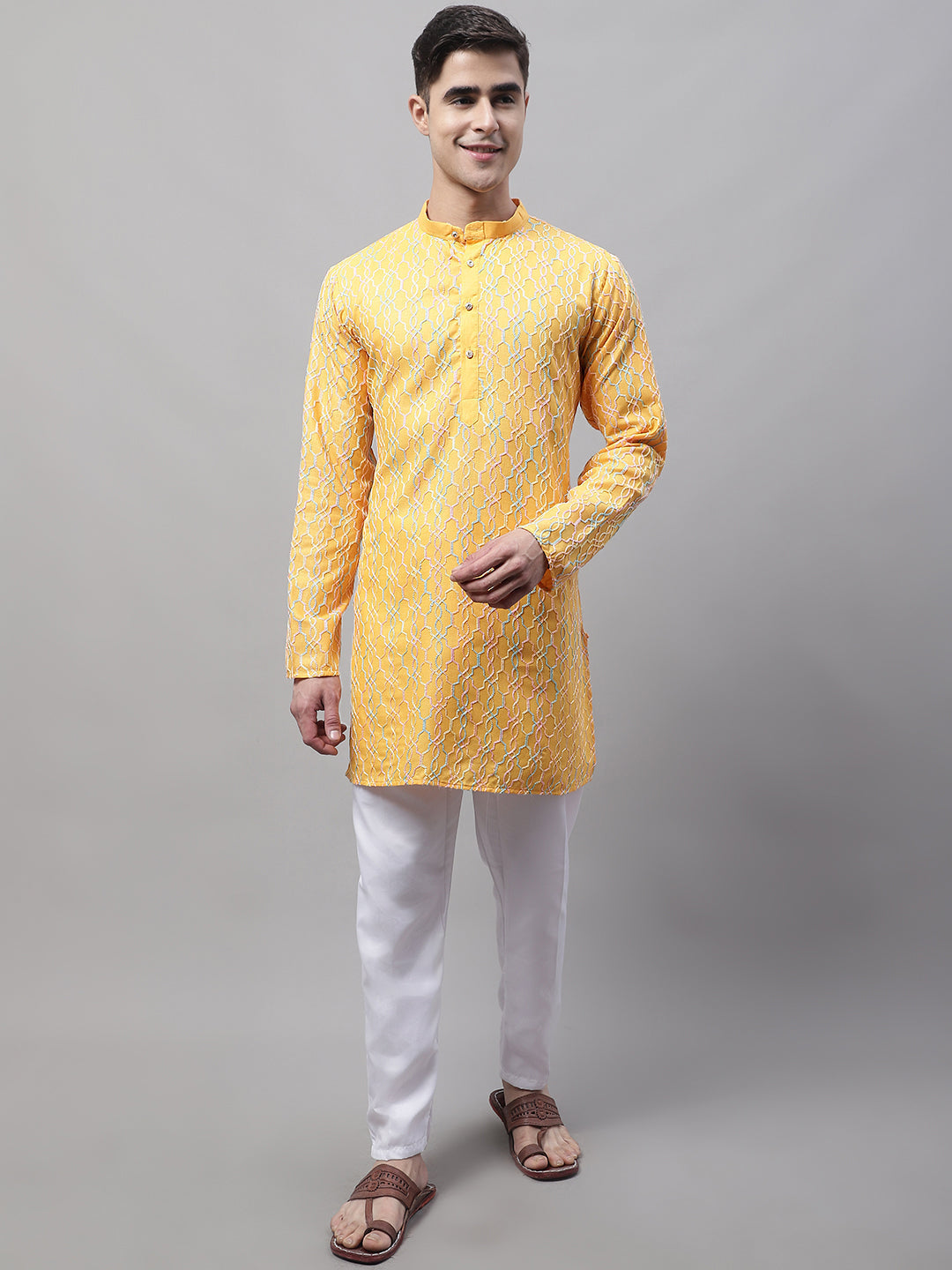 Jompers Men's Mustard and Multi Coloured Embroidered Straight Kurta