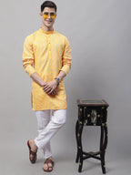Jompers Men's Mustard and Multi Coloured Embroidered Straight Kurta