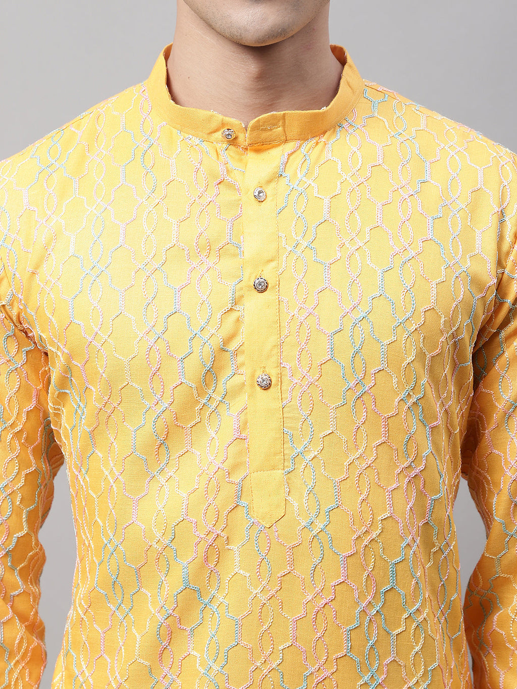 Jompers Men's Mustard and Multi Coloured Embroidered Straight Kurta