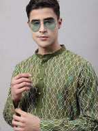 Jompers Men's Olive Green and Multi Coloured Embroidered Straight Kurta