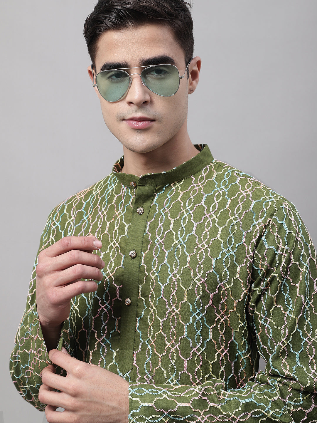 Jompers Men's Olive Green and Multi Coloured Embroidered Straight Kurta