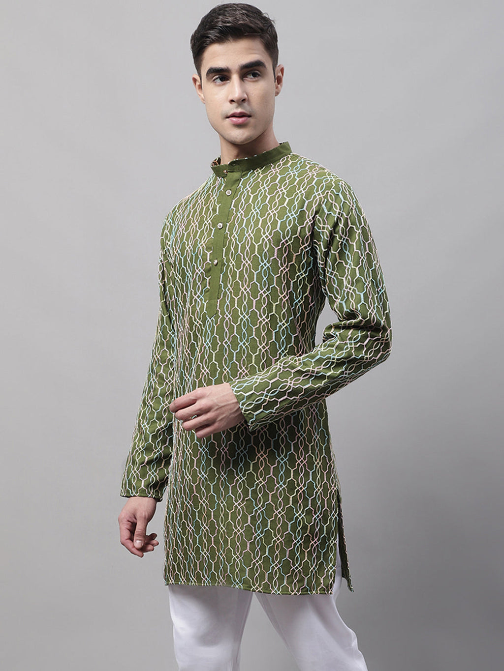 Jompers Men's Olive Green and Multi Coloured Embroidered Straight Kurta