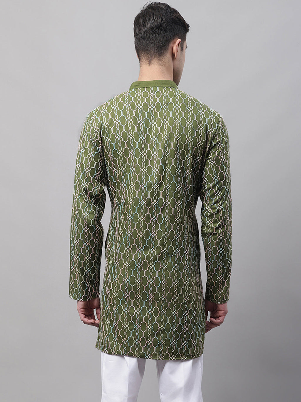 Jompers Men's Olive Green and Multi Coloured Embroidered Straight Kurta
